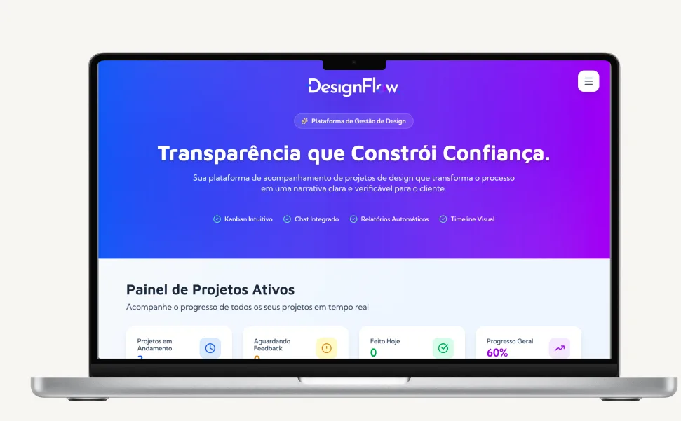 DesignFlow — mockup laptop Transparência que Constrói Confiança